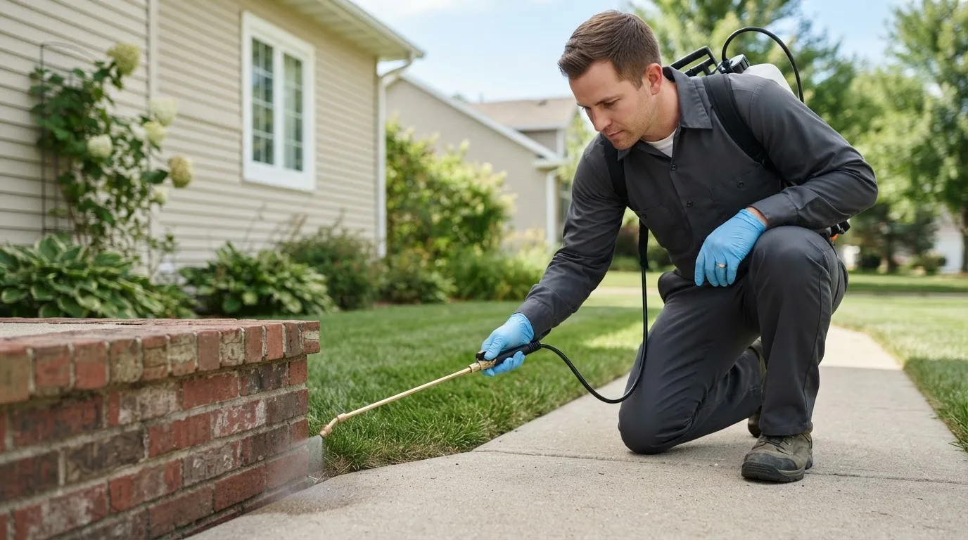 Pest control technician treating a home near Pleasant Hill, OR